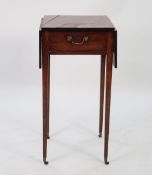 GEORGE III CROSSBANDED MAHOGANY SMALL DROP LEAF TABLE, the oblong top above an oak lined end drawer,