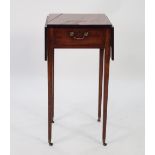 GEORGE III CROSSBANDED MAHOGANY SMALL DROP LEAF TABLE, the oblong top above an oak lined end drawer,