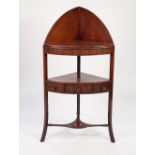 GEORGE III LINE INLAID MAHOGANY CORNER WASHSTAND, of typical form with high arched back, single