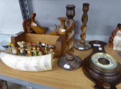 A SET OF SIX AUSTRIAN SMALL PAINTED WOODEN 'FLOWER' FIGURES, A PAIR OF SPIRAL CANDLESTICKS AND A