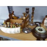 A SET OF SIX AUSTRIAN SMALL PAINTED WOODEN 'FLOWER' FIGURES, A PAIR OF SPIRAL CANDLESTICKS AND A