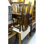 TWO PAIRS OF OAK DINING CHAIRS AND A FORMICA TOPPED DROP LEAF KITCHEN TABLE WITH END DRAWER (5)