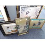 A GROUP OF FOUR ORIENTAL INSPIRED PICTURES TO INCLUDE: A PAINTED SILK SCENE, FRAMED PORCELAIN PLAQUE