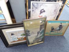 A GROUP OF FOUR ORIENTAL INSPIRED PICTURES TO INCLUDE: A PAINTED SILK SCENE, FRAMED PORCELAIN PLAQUE