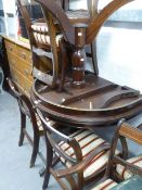 A REPRODUCTION D- END DINING TABLE AND SIX CHAIRS (INCLUDING TWO CARVERS) HAVING STRIPED SILK PAD