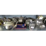 PEWTER WARES TO INCLUDE; TEAPOTS, MILK JUG, SUGAR BOWLS ETC... ELECTROPLATE OVAL TEA SERVICE OF 3
