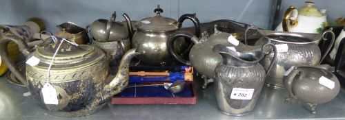 PEWTER WARES TO INCLUDE; TEAPOTS, MILK JUG, SUGAR BOWLS ETC... ELECTROPLATE OVAL TEA SERVICE OF 3