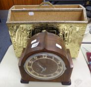 OAK CASED MANTEL CLOCK AND A BRASS MAGAZINE RACK (2)