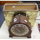 OAK CASED MANTEL CLOCK AND A BRASS MAGAZINE RACK (2)