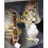 AN OAK TABLE LAMP AND SHADE AND TWO POTTERY TABLE LAMPS WITH SHADES (3)