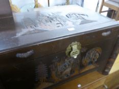 CHINESE CARVED CAMPHOR WOOD COFFER, WITH ROUNDED FORECORNERS, 3' WIDE