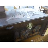 CHINESE CARVED CAMPHOR WOOD COFFER, WITH ROUNDED FORECORNERS, 3' WIDE