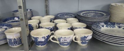 BLUE AND WHITE DINNER WARES 'WILLOW PATTERN', 66 PIECES AND SIX VICTORIAN BLUE AND WHITE SOUP