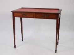 EDWARDIAN LINE INLAID AND SATINWOOD CROSSBANDED MAHOGANY LADIES WRITING TABLE, the oblong top with