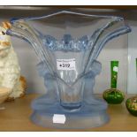 DECORATIVE GLASS WARES TO INCLUDE; A 1930's ART DECO PALE BLUE GLASS FLOWER VASE, SUPPORTED BY TWO