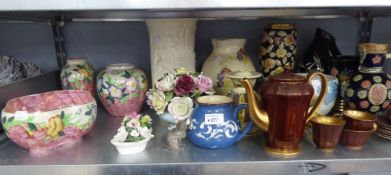GERMAN EMBOSSED POTTERY JUG, WADE ITEMS, SUNDRY VASE AND ORNAMENTS, THREE ITEMS OF MALING POTTERY