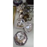 ELECTROPLATE-THREE PIECE CRUET SET SAUCE BOAT AND STAND, TWO PRESENTATION ASHTRAYS, FOOTED OVAL