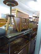 PINE ADJUSTABLE STOOL ON TRIPOD LEGS, SMALL CHEST OF DRAWERS AND COFFEE TABLE WITH METAL UNDERFRAME