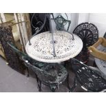 METAL PAINTED GARDEN TABLE, AND 3 MATCHING SINGLE GARDEN CHAIRS AND ANOTHER SIMILAR (5)