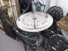 METAL PAINTED GARDEN TABLE, AND 3 MATCHING SINGLE GARDEN CHAIRS AND ANOTHER SIMILAR (5)