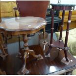 REPRODUCTION MARBLE TOP JARDINIERE STAND, AND A SHAPED TOP PEDESTAL TABLE