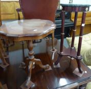 REPRODUCTION MARBLE TOP JARDINIERE STAND, AND A SHAPED TOP PEDESTAL TABLE