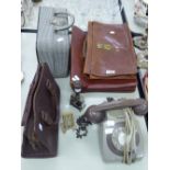 AN OLD DESK PHONE, DESK STAMP, DESK THERMOMETER, TWO LEATHER CARRYING CASES ETC...