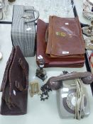 AN OLD DESK PHONE, DESK STAMP, DESK THERMOMETER, TWO LEATHER CARRYING CASES ETC...