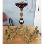 MID 20TH CENTURY SIX BRANCH ELECTROLIER, BRASS WITH CRANBERRY GLASS INSERTS