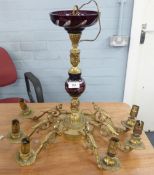 MID 20TH CENTURY SIX BRANCH ELECTROLIER, BRASS WITH CRANBERRY GLASS INSERTS