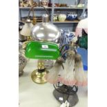 GROUP OF TABLE LAMPS TO INCLUDE; STYLISH LILY PAD WITH GLASS FLORAL SHADES, GILT DESK WITH GREEN