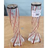 PAIR OF EARLY 20TH CENTURY TWIST STEM GLASS VASES HAVING SILVER RIMS (A/F), THE CLEAR GLASS HAVING