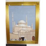 PETER SUNDERLAND (1931-2014) OIL PAINTING ON CANVAS Mosque, with figures in the fore ground Signed