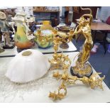 MODERN GILT TABLE LAMP OF A ART DECO STYLE LADY, HAVING SILK SHADE WITH HANGING BEAD DETAIL AND A
