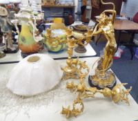 MODERN GILT TABLE LAMP OF A ART DECO STYLE LADY, HAVING SILK SHADE WITH HANGING BEAD DETAIL AND A