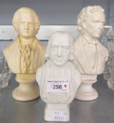 A PAIR OF WHITE PLASTER BUSTS OF CHOPIN AND MOZART AND A SMALLER WHITE PARIAN BUST OF JOHN WESLEY (