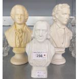 A PAIR OF WHITE PLASTER BUSTS OF CHOPIN AND MOZART AND A SMALLER WHITE PARIAN BUST OF JOHN WESLEY (