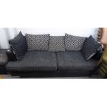 BLACK LEATHER AND MATERIAL TWO SEATER SETTEE AND FOOT STORAGE STOOL