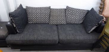 BLACK LEATHER AND MATERIAL TWO SEATER SETTEE AND FOOT STORAGE STOOL