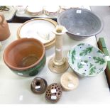 A LARGE GREY/BLUE STUDIO POTTERY BOWL, A LEAF DECORATED BOWL AND OTHER ITEMS OF STUDIO POTTERY
