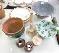 A LARGE GREY/BLUE STUDIO POTTERY BOWL, A LEAF DECORATED BOWL AND OTHER ITEMS OF STUDIO POTTERY