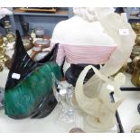 MODERN CANADIAN PORCELAIN FISH VASE, TWO ACRYLIC RT DECO STYLE DANCING LADY FIGURINE AND A SMALLER