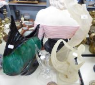 MODERN CANADIAN PORCELAIN FISH VASE, TWO ACRYLIC RT DECO STYLE DANCING LADY FIGURINE AND A SMALLER