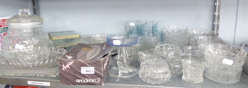 A QUANTITY OF GLASSWARES TO INCLUDE BISCUIT BARREL 'ARCOROC' DISHES, DRINKING GLASSES ETC...