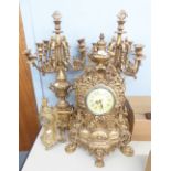 MODERN FRENCH STYLE GILT CLOCK GARNITURE (A/F) AND CAST METAL GILT STYLE BALLOON CLOCK