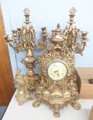 MODERN FRENCH STYLE GILT CLOCK GARNITURE (A/F) AND CAST METAL GILT STYLE BALLOON CLOCK