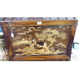 A MID EASTERN MARQUETRY AND BONE INLAID PICTORIAL HARDWOOD WALL HANGING PANEL, 16 1/2" X 26 1/2"