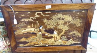 A MID EASTERN MARQUETRY AND BONE INLAID PICTORIAL HARDWOOD WALL HANGING PANEL, 16 1/2" X 26 1/2"