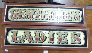 MODERN PAIR OF 'LADIES' AND 'GENTLEMEN' COLOUR PRINTED OVERDOOR MIRRORS. (2)