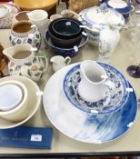 A LARGE 'BOOTHS' CIRCULAR BLUE AND WHITE TUREEN AND COVER WITH LADLE, A QUANTITY OF POTTERY JUGS AND